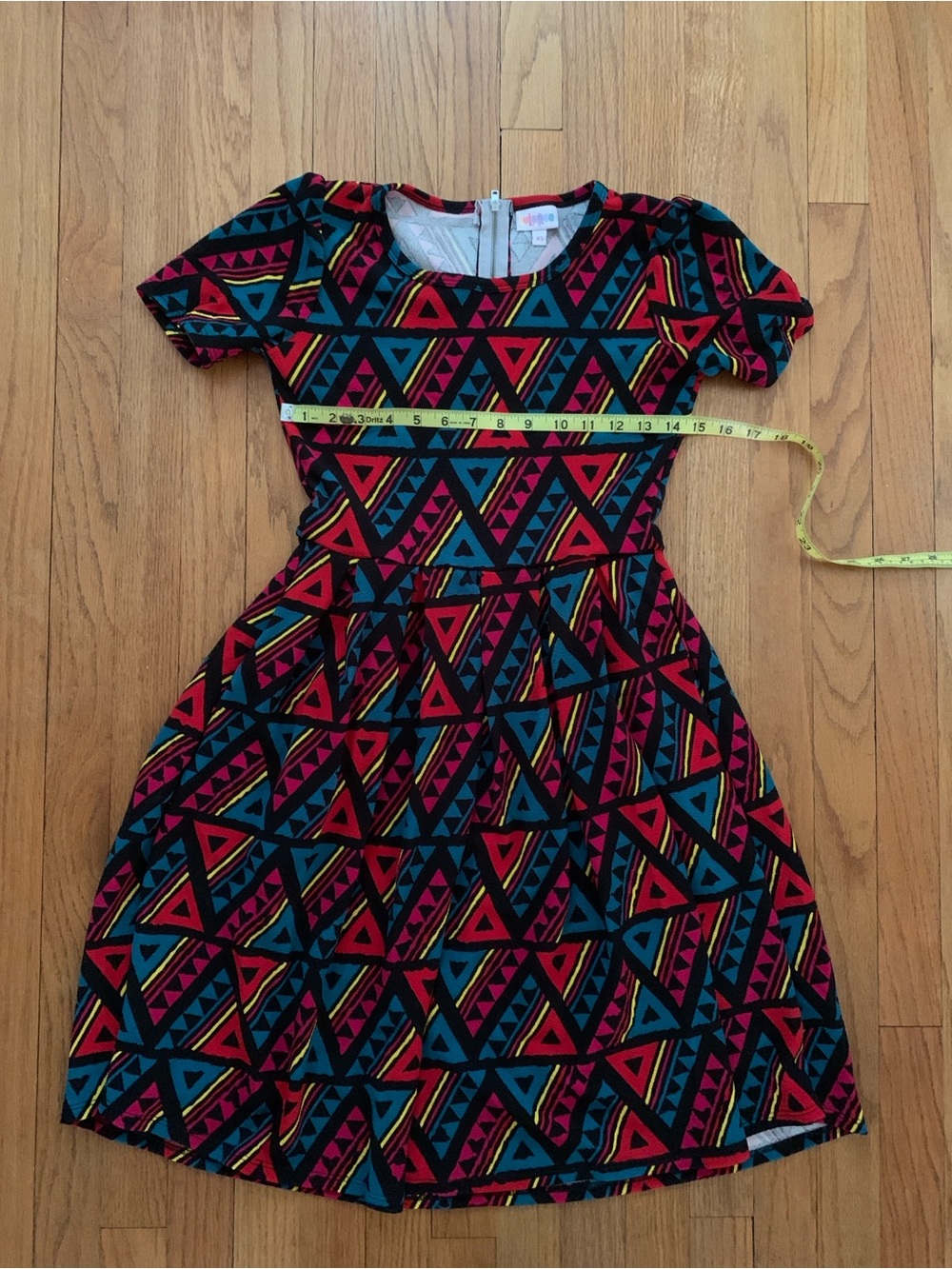 LuLaRoe Multicolor Geometric Fit & Flare Dress - Teal, Red, Black Print XS - Picture 6 of 12